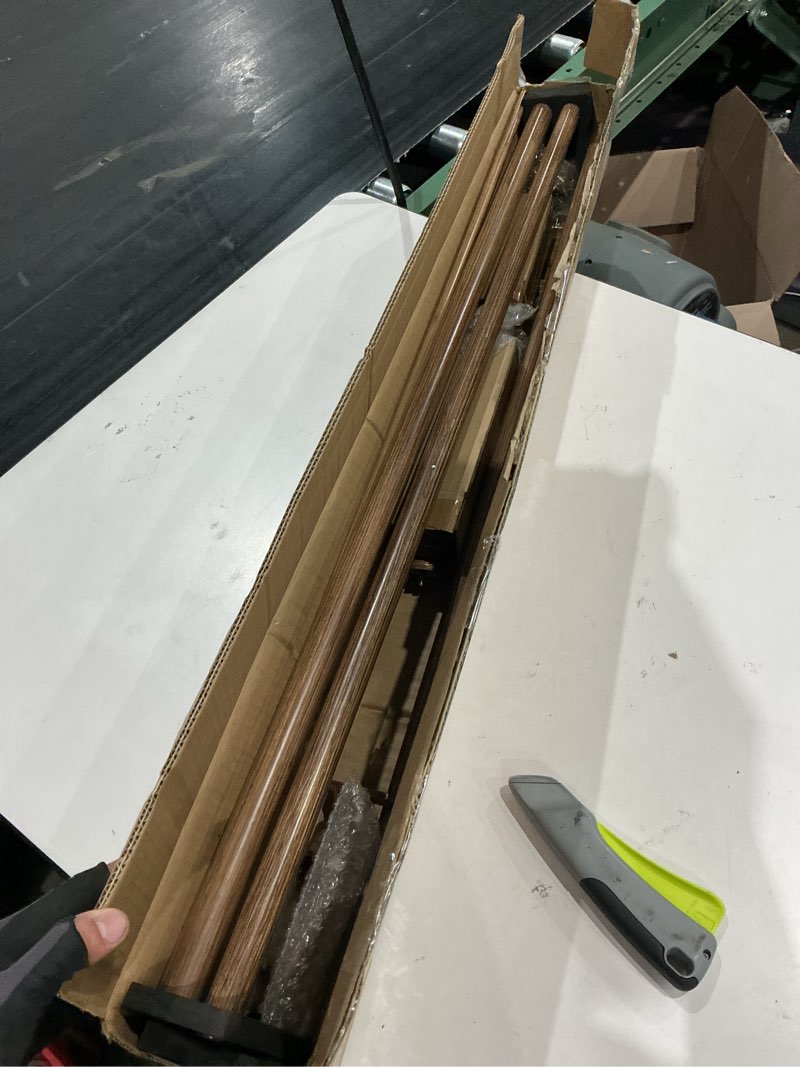 Condition photo showing As Is for wood double curtain rods set for windows 36 to 72 inches (3 to 6 ft), adjustable heavy duty dual drapery rods, 1 inch boho rustic decorative design with imitation wood grain leaf finials dark brown wood grain 36-72"