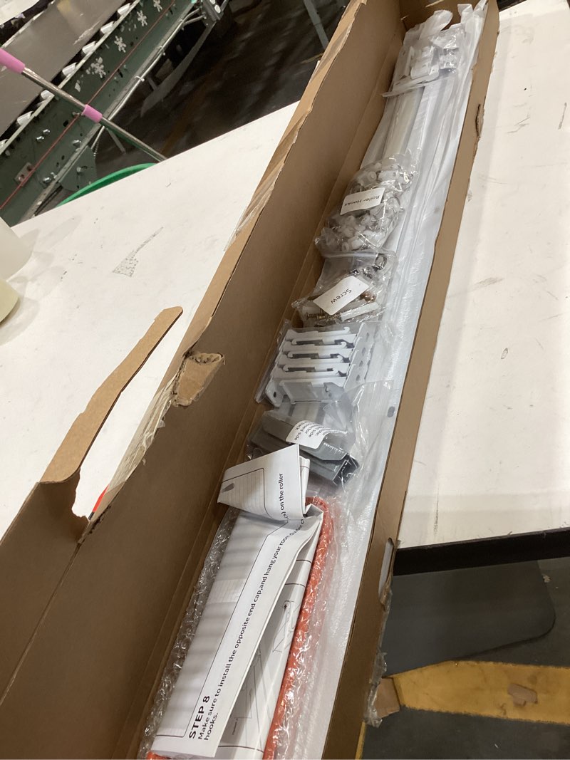 Condition photo showing As Is for ceiling curtain track, curtain track with roller hooks, 9ft - 12ft ceiling mounted rail set for room divider, white 9ft - 12ft white