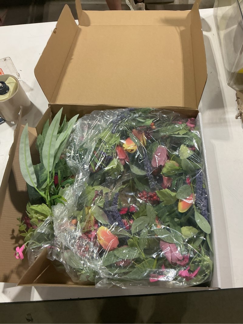 Condition photo showing Good Condition for wreathdream 22 inch spring summer wreath tulip wreath for front door with purple tassels, eucalyptus leaves, ferns, butterflies for indoor outdoor wall festival home farmhouse wedding decor colorful tulips