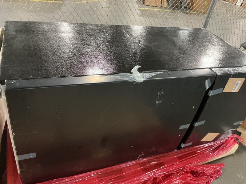 Condition photo showing As Is for frigidaire fftr2045v 30 inch wide 20 cu. ft. top freezer refrigerator with crisper bins and led lights - black