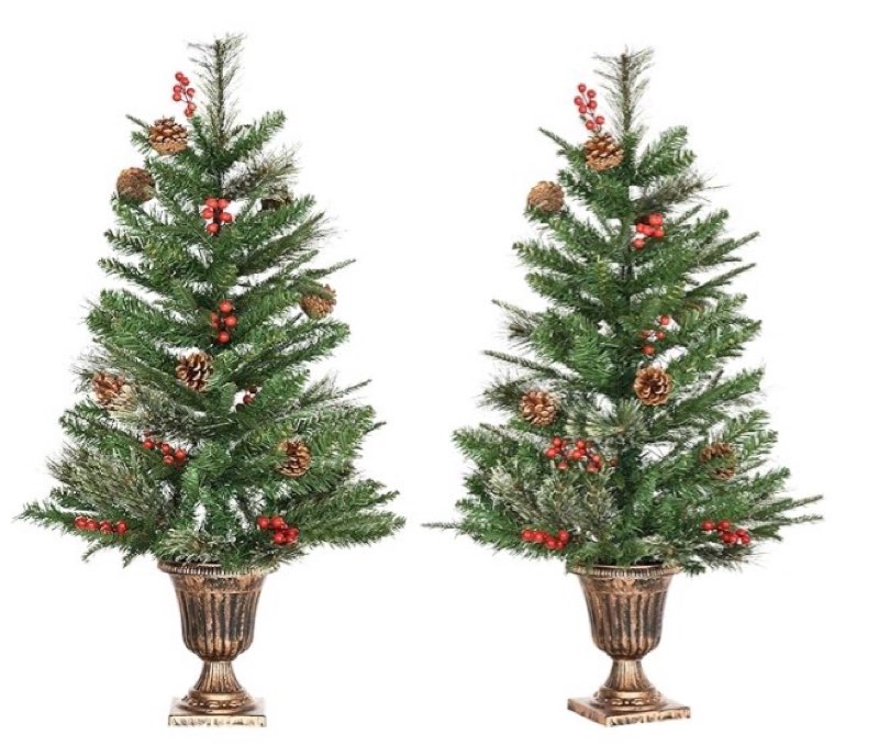 HOMCOM 2 Pieces Set 3 Ft Artificial Christmas Tree with 110 Realistic Branches, Pine Cones, Red Berries, Gold Pot, for Doorway, Porch, Green