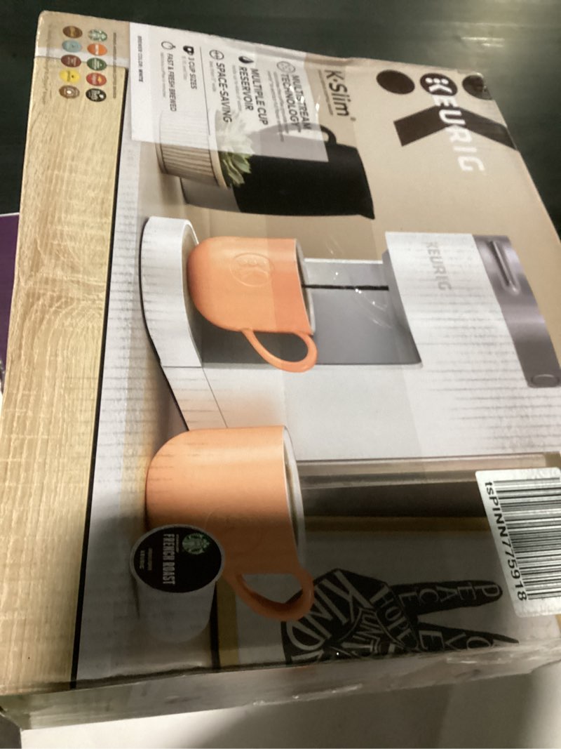 Condition photo showing As Is for keurig k-slim single serve k-cup pod coffee maker, multistream technology, 3 brew sizes, slim and sleek design, 46oz removable reservoir, white