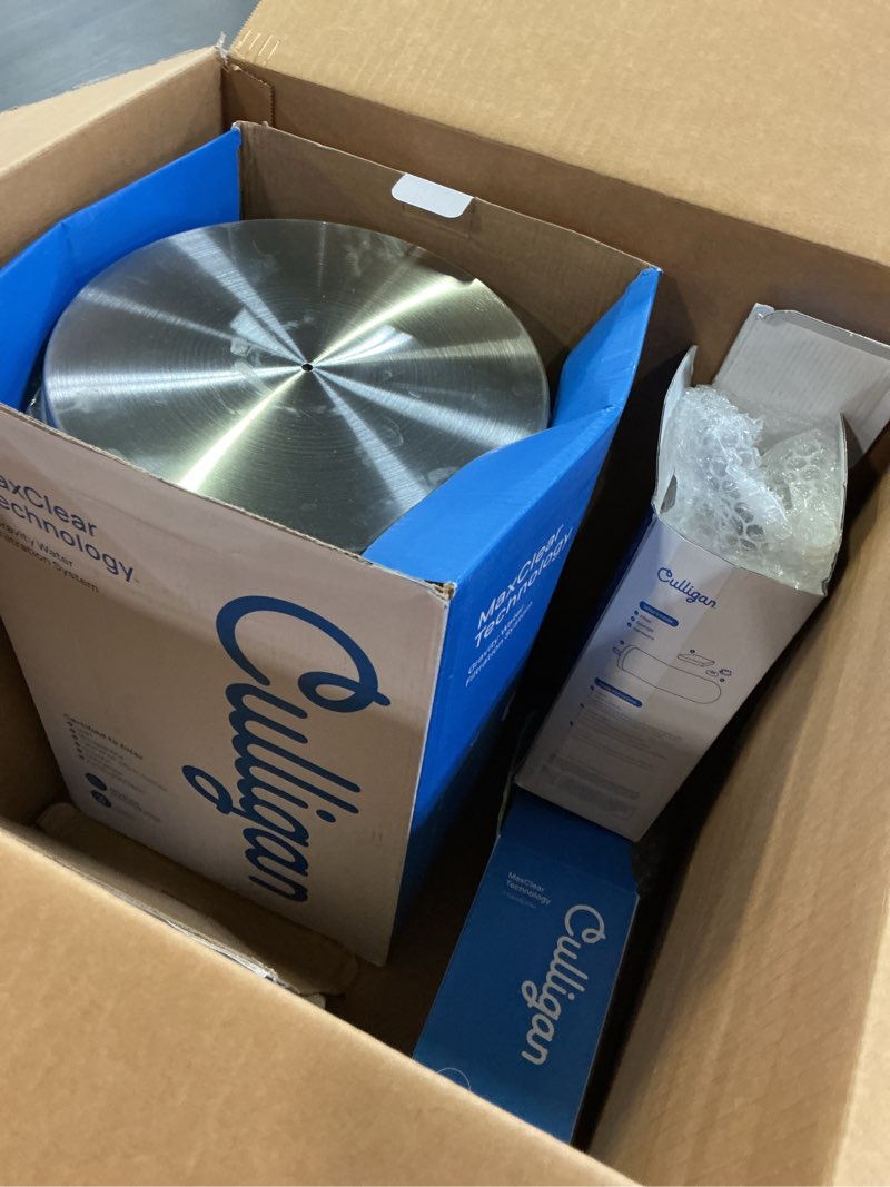 Condition photo showing As Is for culligan maxclear 3 gallon gravity water filter system, brushed stainless-steel countertop water filter nsf/ansi certified to reduce microplastics, lead & total pfas, with 3 ceramic filters