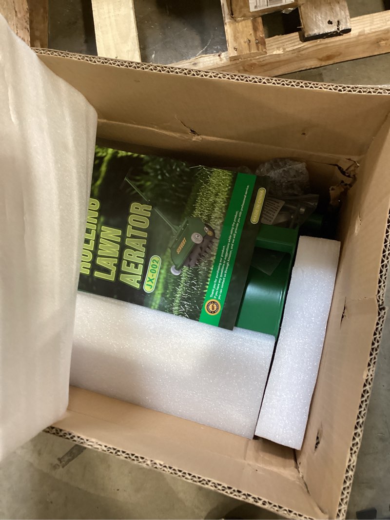 Condition photo showing Good Condition for rolling lawn aerator, heavy duty push spike aeration tool up to 55 lbs, manual rotary grass aerator for garden and yard use