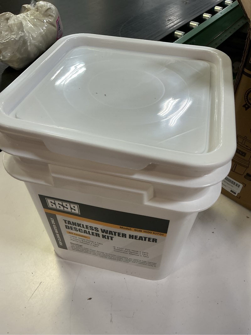 Condition photo showing New/Like New for tankless water heater flushing kit includes 1/4hp submersible sump pump with two adapters & 3 gallons pail with bucket lid opener & two 1/2” dia x 6’ pvc hoses with washers 0.25