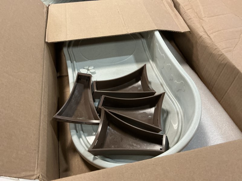 Condition photo showing Good Condition for dog bowl stand - 8.5 inch tall feeding tray for dogs and cats, dog bowl stands for large dogs with splash guard and non-skid feet by petmaker (brown) elevated
