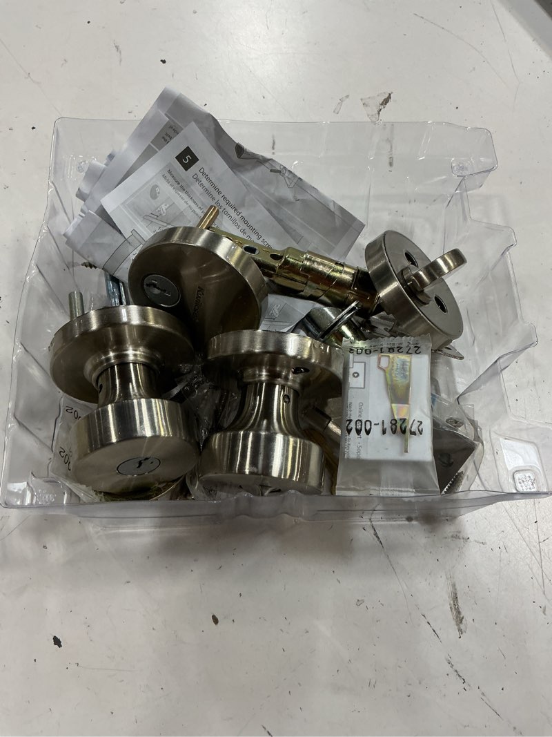 Condition photo showing As Is for kwikset pismo round rose satin nickel knob door combo pack featuring smartkey security