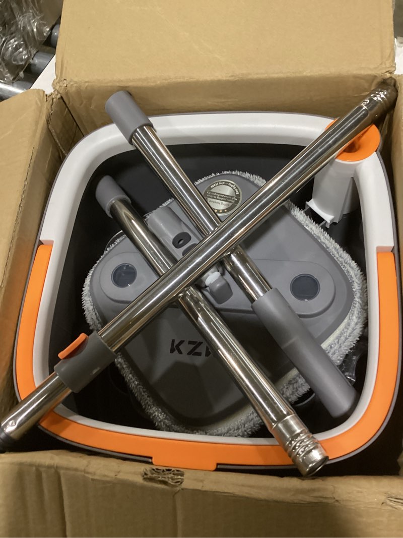 Condition photo showing As Is for kzkr spin mop and bucket set with 2 replaceable microfiber mop pads with self separation dirty and clean water system, self wringing 360° rotating square mop head for hardwood tile marble floors grey+orange+white 1.0 mop bucket set with 2 pads