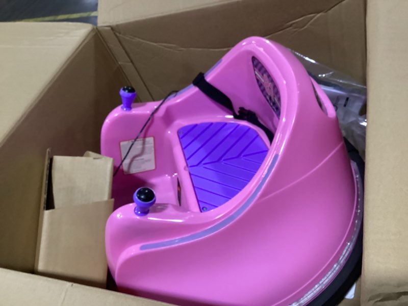 Condition photo showing As Is for flybar funpark 6v bumper car for toddlers, electric toddler ride on toys for kids, baby, ages 1.5-4 years, led lights, 360 degree spin, supports up to 66 pounds (no remote), large, 6v pink/purple