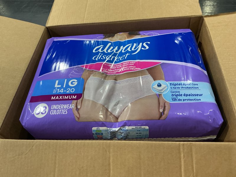 Condition photo showing New/Like New for always discreet adult diapers for women, incontinence underwear, postpartum essentials, disposable briefs, max absorbency, bladder leak protection, large, 76ct large 76