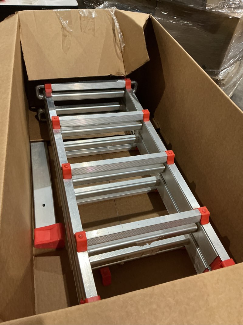Condition photo showing As Is for soctone ladder, a frame extension ladder, multi position with stabilizer bar, 330 lbs weight rating telescoping ladder for household or outdoor work, 14 ft, orange 14 ft orange