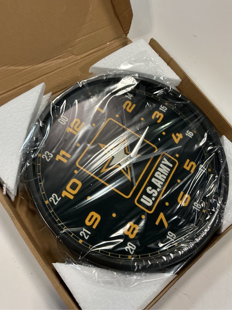 Condition photo showing New/Like New for 24 hour wall clock with metal frame, 12 inch us army military time clock decorative analog wall clock easy to read silent movement battery operated for office dad husband retirement gifts