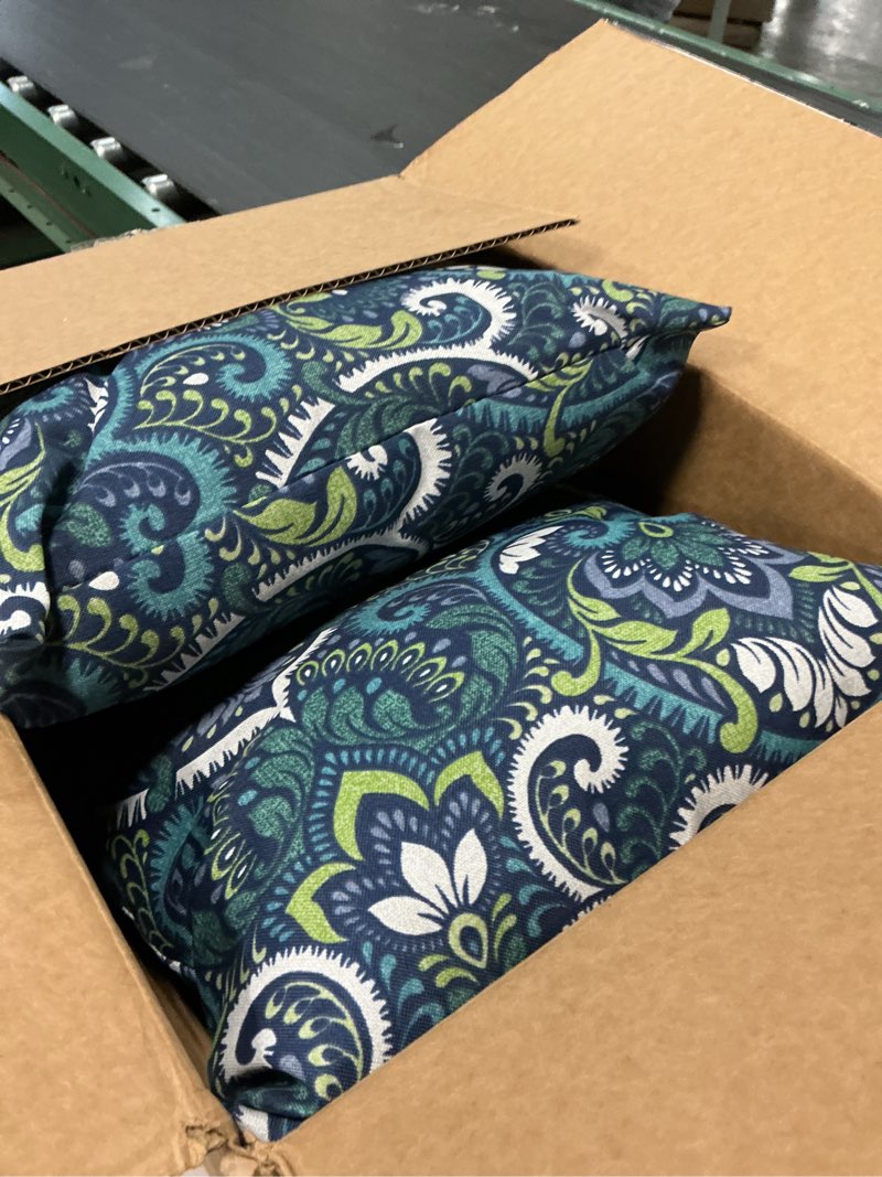 Condition photo showing Good Condition for arden outdoor dining chair cushion, 21 x 21, rain-proof, fade resistant 21 x 21, sapphire aurora blue damask 21 x 21 dining cushion set sapphire aurora blue damask