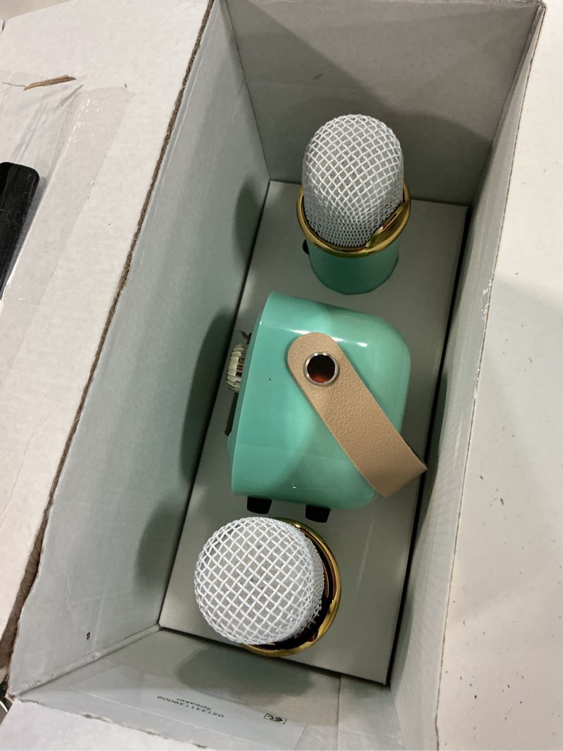 Condition photo showing As Is for aiwa retro bluetooth karaoke speaker with 2 wireless microphones, 8 hours playtime & 6 voice effects
