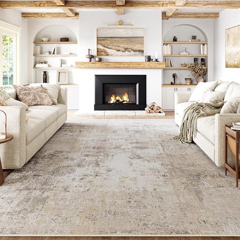 12x15 Area Rug Beige Grey Abstract Living Room Bedroom Washable Carpet Neutral Modern Non Slip Soft Low Pile Indoor Extra Large Throw Rug for Dining Room