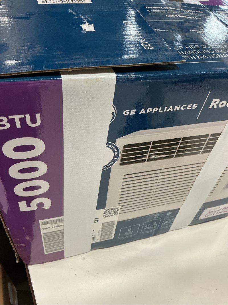 Condition photo showing As Is for ge window air conditioner unit, 5,000 btu for small rooms up to 150 sq ft. with manual adjustable fan and cooling settings, perfect for small bedroom or living room, easy install kit included, white new 5,000 btu mechanical controls white