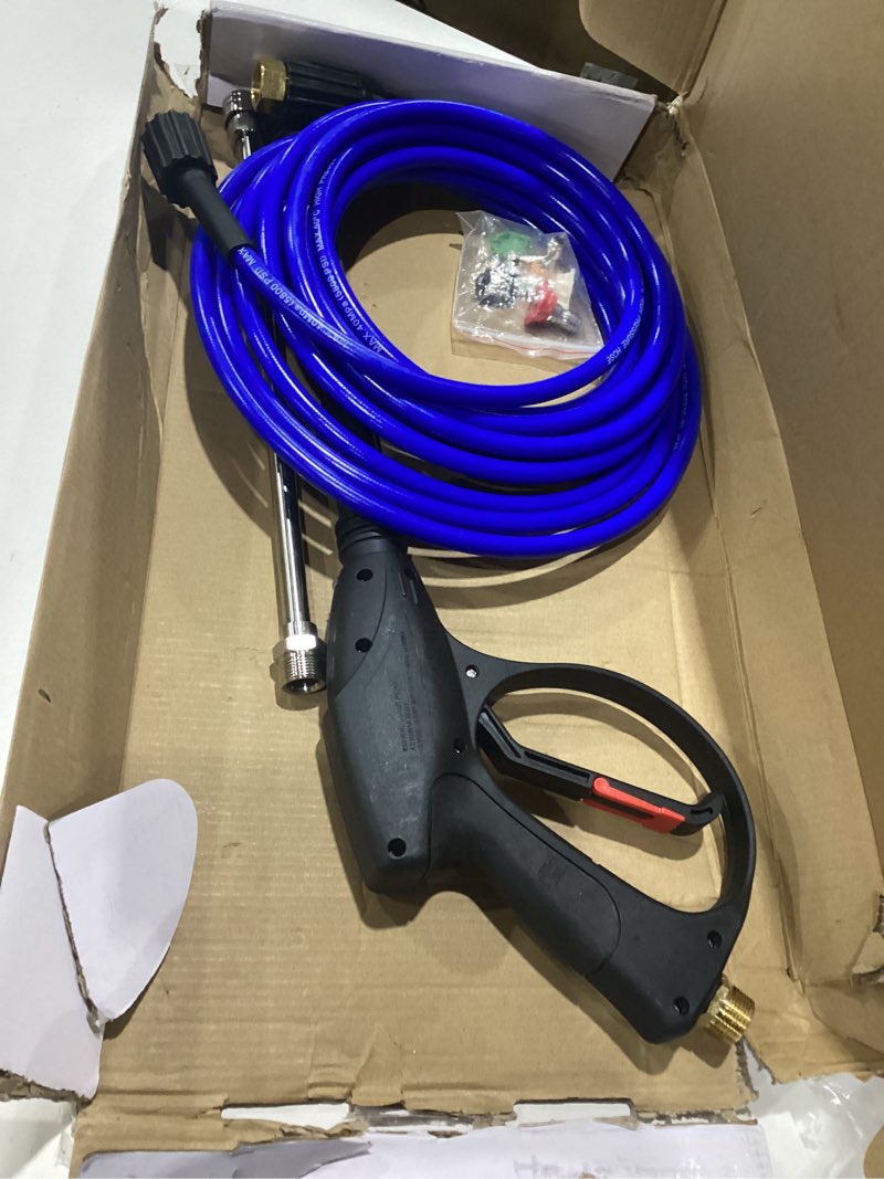 Condition photo showing As Is for feng pai pressure washer gun with 15in extension wand & 25ft hose, 5 nozzle tips quick connect, power washer hose and wand replacement, m22 14mm fitting for home car clean washing, 4000 psi, blue