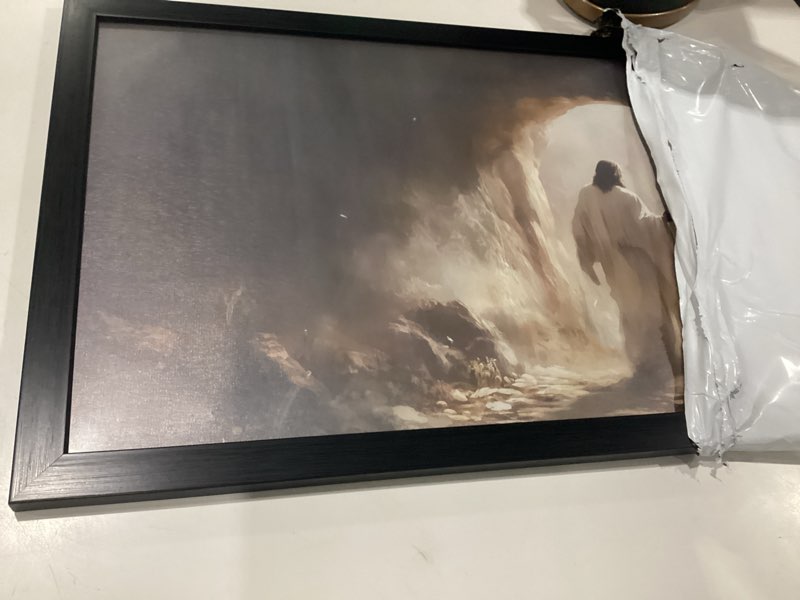 Condition photo showing Good Condition for black framed jesus wall art jesus walking on water spiritual divine light poster for church wall decor-christian art canvas prints picture hang to home room bedroom office 24l\" x 16w\" ob1, similar to stock photo