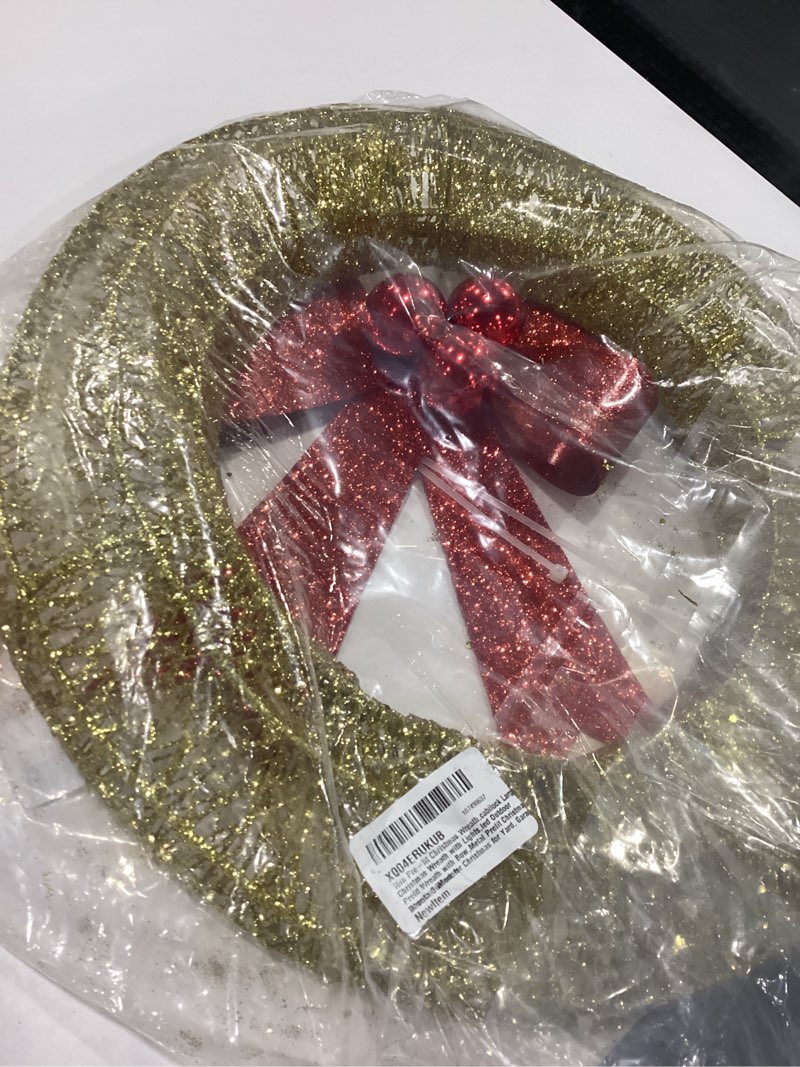 Condition photo showing Good Condition for Cabilock Lighted Christmas Wreath with Glitter Red Bowknot Pre Door Wreath for Festive Decor Battery Operated Led Holiday Decoration Soft Glow for Entryway Front Porch Green