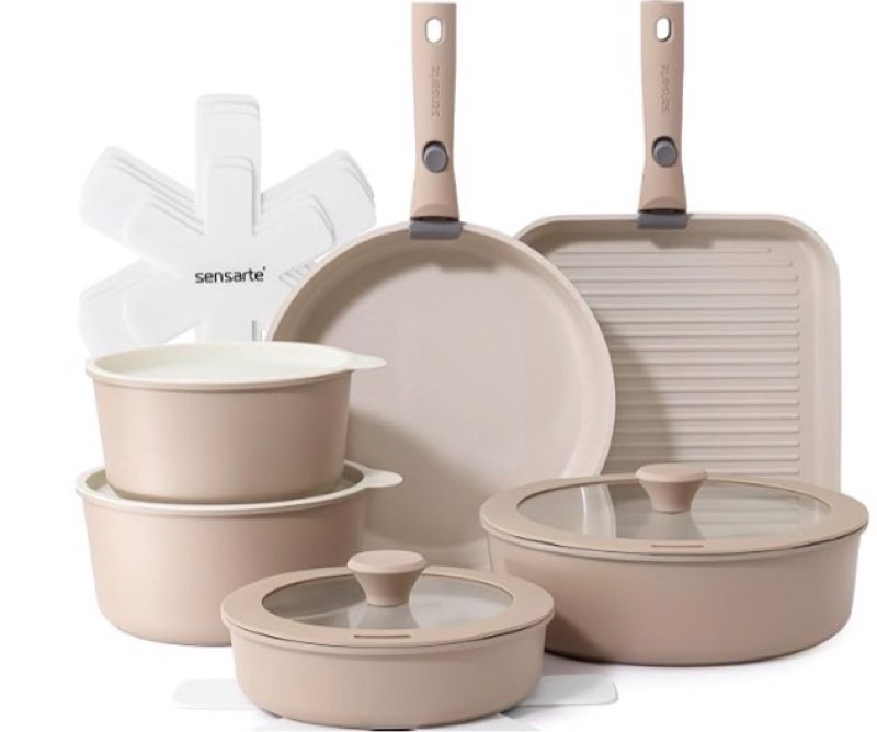(( incomplete))SENSARTE 17 Piece Ceramic Pots and Pans Set, Nonstick Detachable Handle Cookware, Induction Kitchen Cookware Set with Removable Handle, Dishwasher ? Oven Safe (Almond Beige)