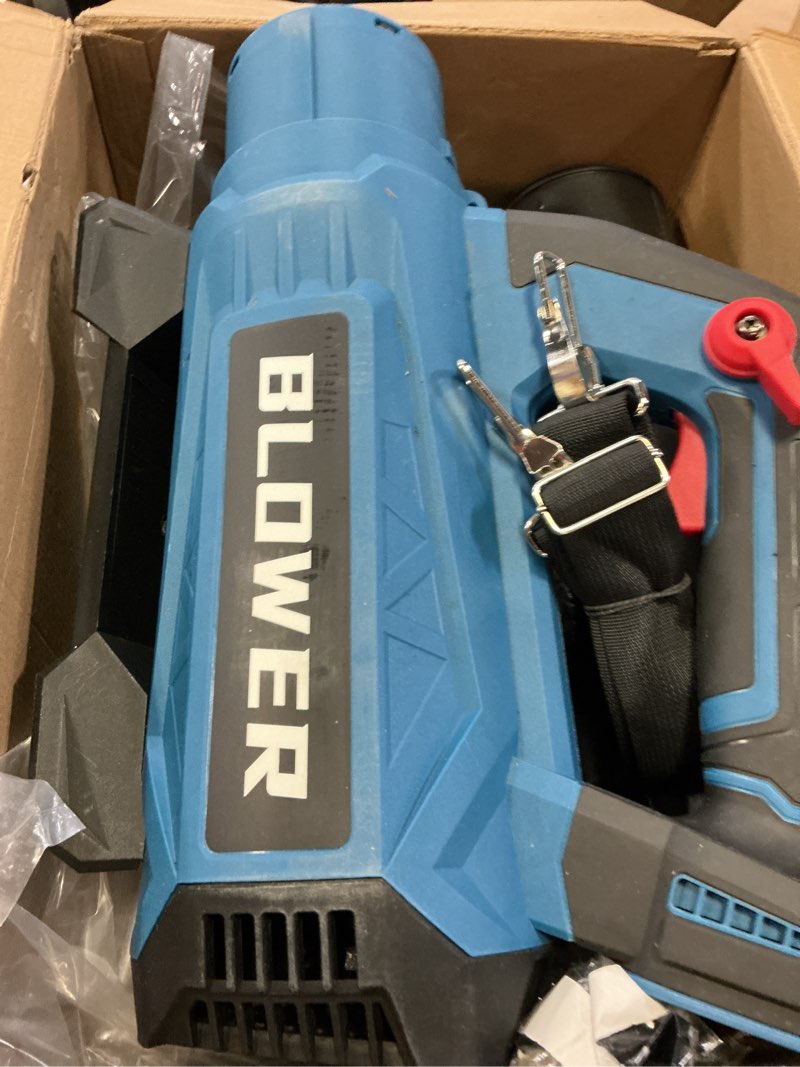 Condition photo showing As Is for leaf blower cordless - 630cfm/160mph, 21v powerful electric cordless leaf blower with 2 x 4.0ah batteries and charger, battery powered leaf blowers for lawn care, patio, yard, dust, snow blue