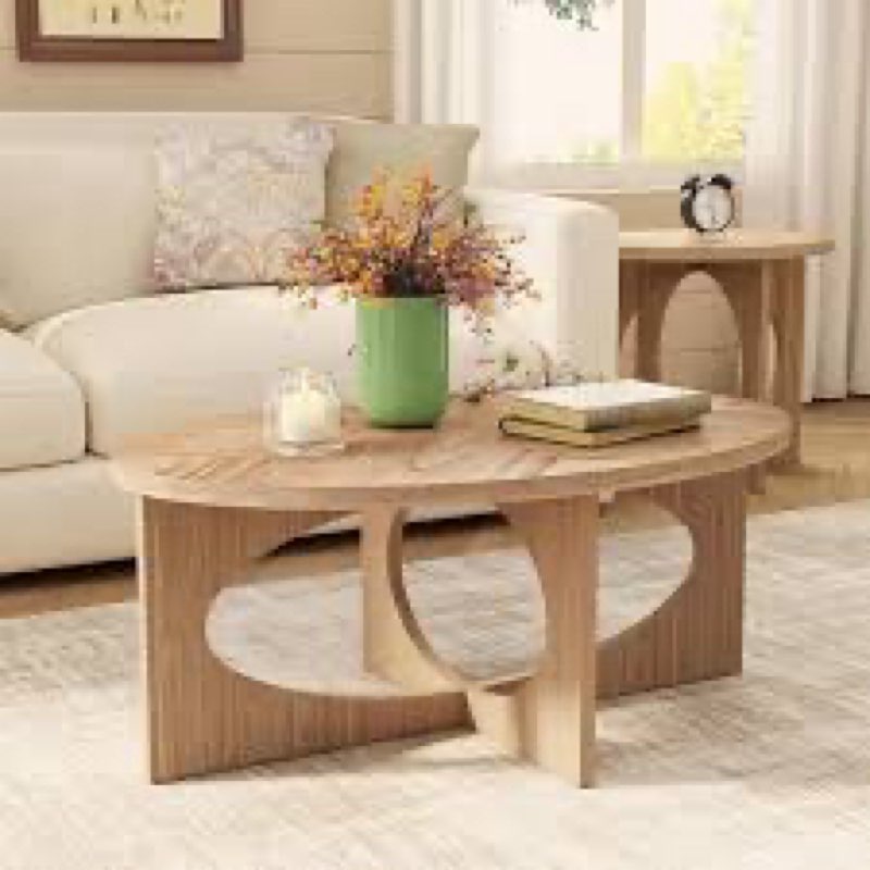 (incomplete) Lamanuel Cross Legs Oval Coffee Table with Wood Grain Top For Living Room
