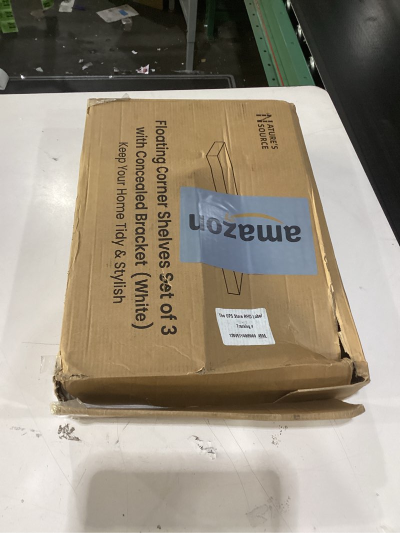 Condition photo showing As Is for vidaXL Set of 2 Modern Floating Corner Shelves in White, 13.8"x13.8"x1.5" | Honeycomb MDF and Metal 