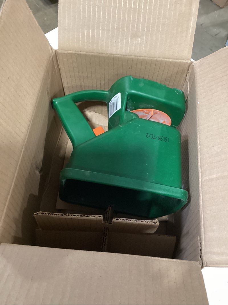 Condition photo showing As Is for scotts whirl hand-powered spreader - for grass seed, lawn fertilizers, salt, and ice melt, handheld spreader holds up to 1,500 sq. ft. of product