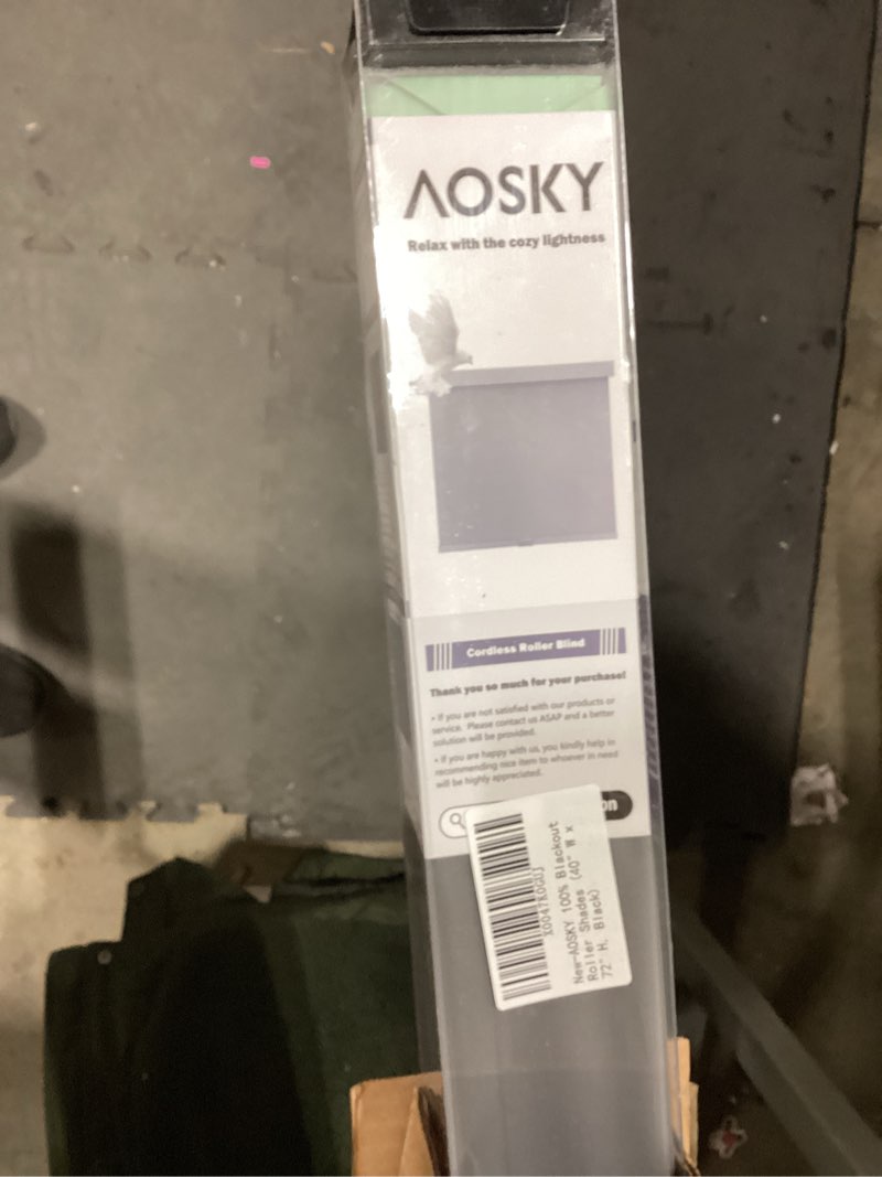 Condition photo showing Good Condition for AOSKY Blackout Roller Shades Cordless Blinds for Windows, Free-Stop Shades with Valance, Thermal Insulated Fabric, UV Protection, Natural Woven Blinds for Home and Office (40" W x 72" H, Black) Black 40"W x 72"H