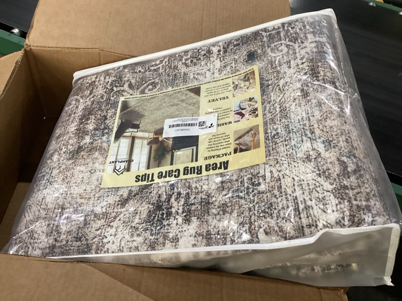 Condition photo showing Good Condition for washable area rug 9'x12' retro boho design non-shedding easy care ideal for high traffic areas in living room bedroom office coffee table kitchen large carpet