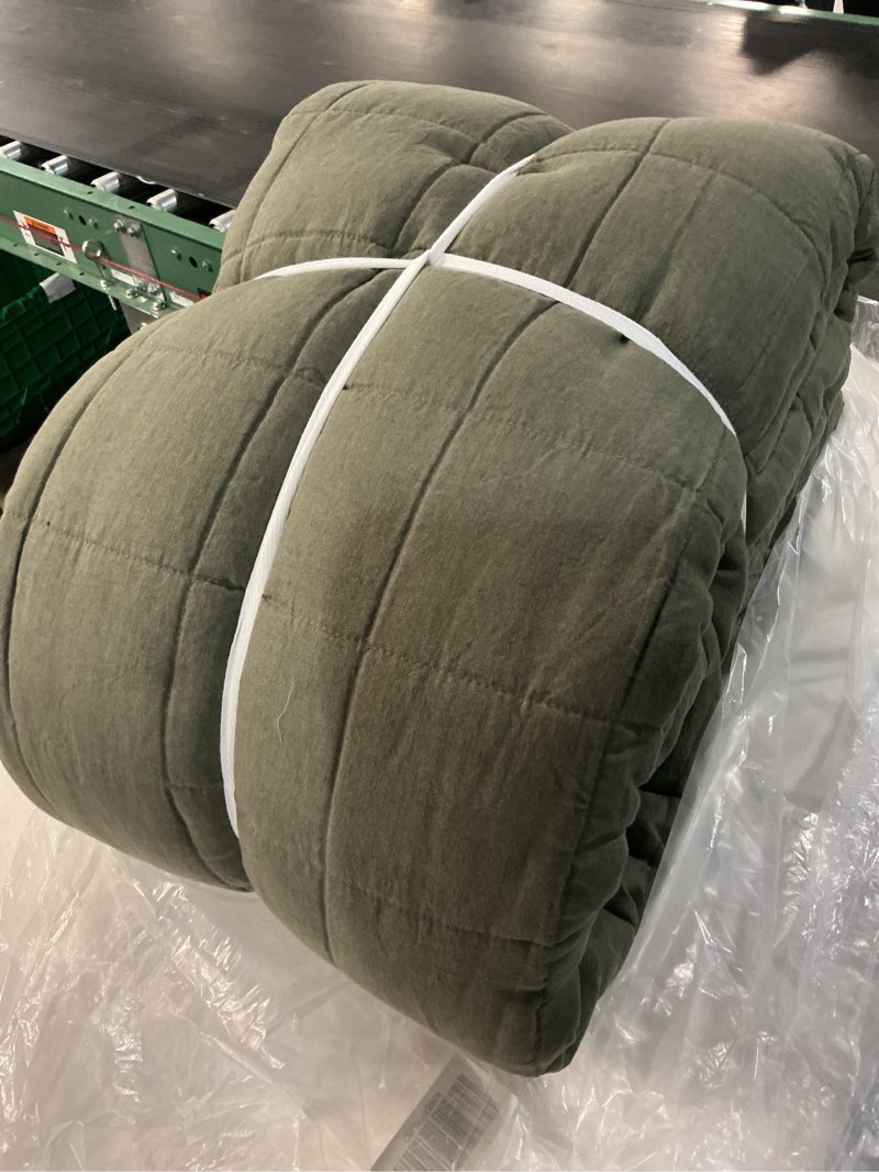 Condition photo showing As Is for european linen box quilt set, king/cal king, dusty olive