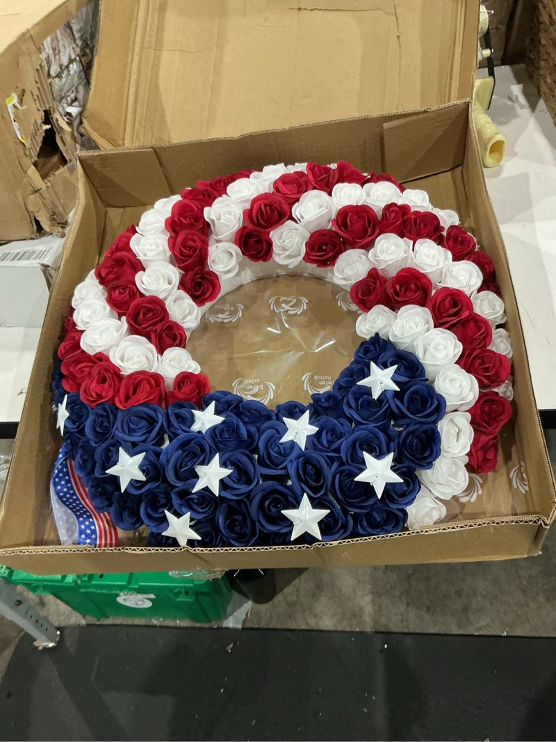 Condition photo showing Good Condition for silk roses 4th of july wreath - red white blue patriotic wreaths for front door, memorial & independence day decorations, americana decor for porch door wall window indoor outdoor (18“)