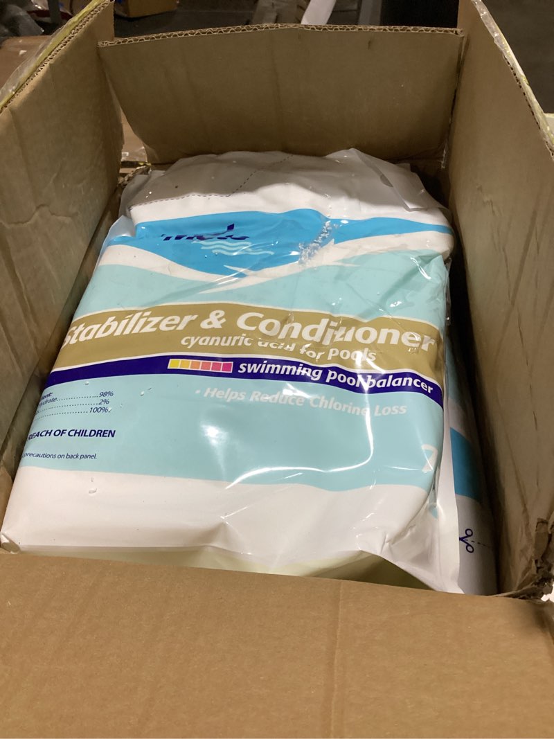 Condition photo showing As Is for pool mate 28-pounds premium pool stabilizer and conditioner, concentrated cyanuric acid for pools, helps chlorine last longer