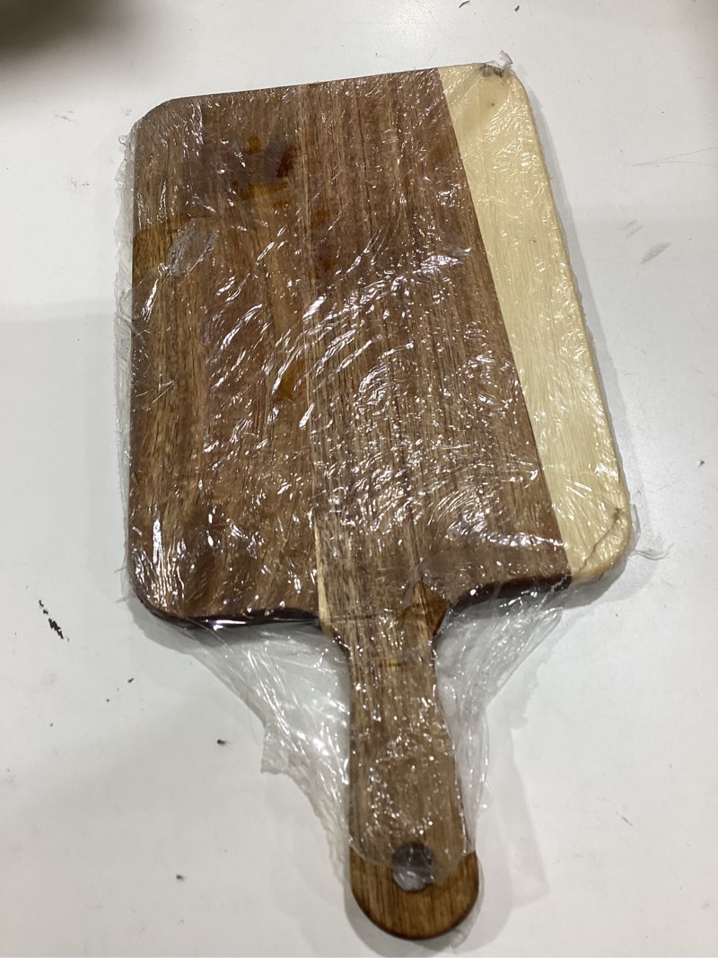 Condition photo showing Good Condition for acacia wood cutting board with handle - 14 x 7in, wooden chopping board for meat, cheese, bread, fruits & vegetables – ideal charcuterie & serving board, durable butcher block 13.8"l x 7.1"w
