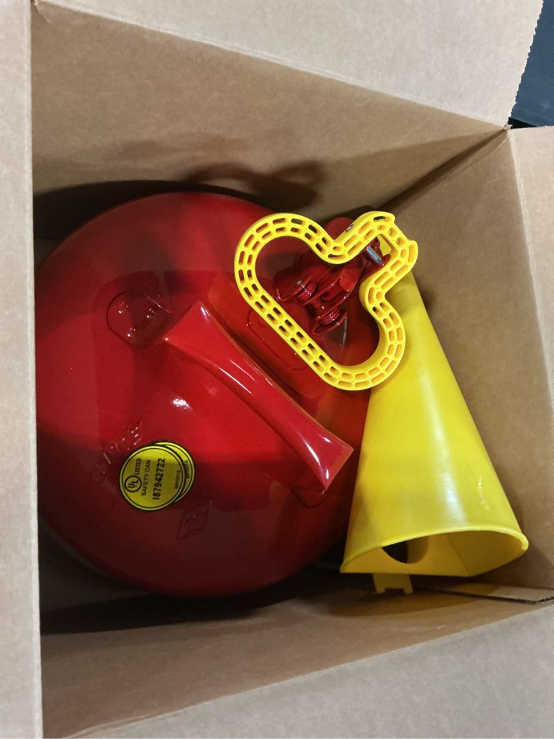 Condition photo showing Good Condition for eagle 2 gallon type i red safety gas can for gasoline with flame arrester, self-closing lid, and f-15 funnel, made in the usa, galvanized steel flammable storage can, ui20fs red 2 gallon with funnel
