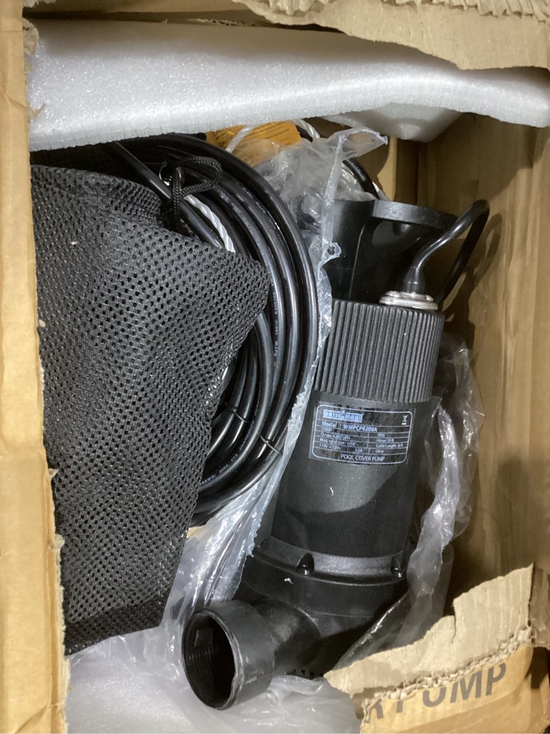Condition photo showing As Is for acquaer 1/4 hp automatic swimming pool cover pump, 2250 gph submersible sump pump with 3/4” check valve adapter & 25ft power cord, water removal for pool, hot tubs, rooftops, water beds and more 1/4 hp 2250gph, not exact, similar to stock photo