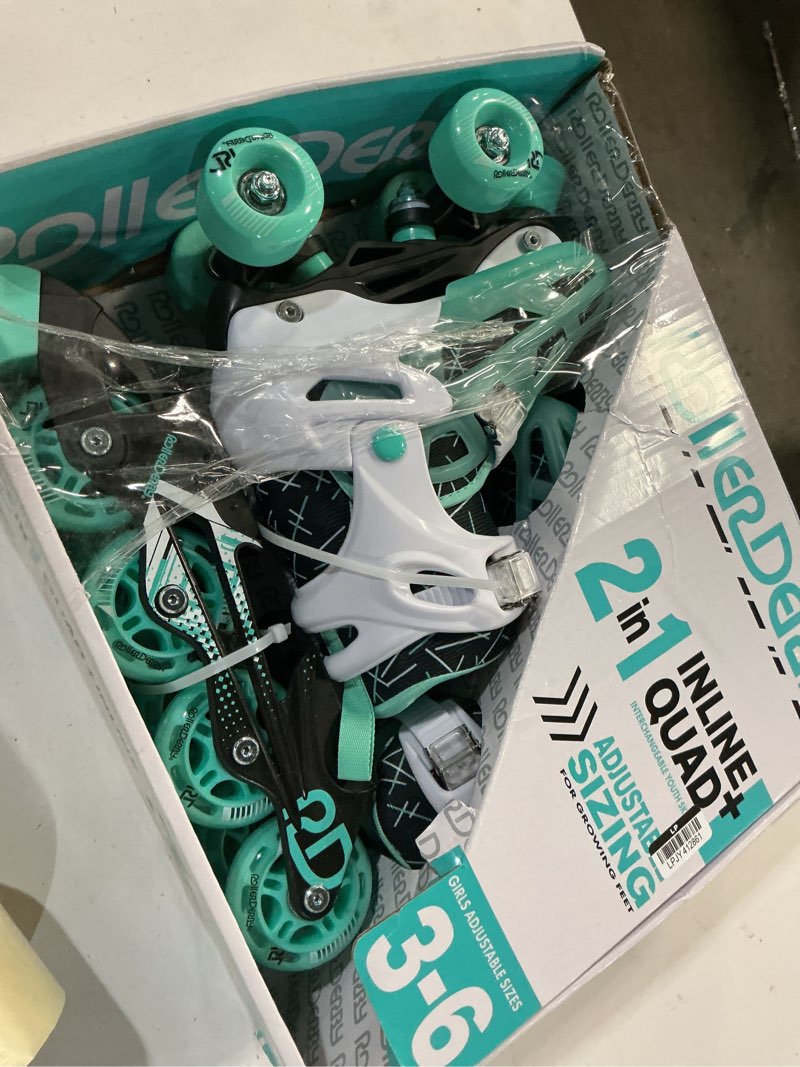 Condition photo showing As Is for roller derby mint prodigy kids' adjustable inline-quad combo skates - white/mint green 3-6