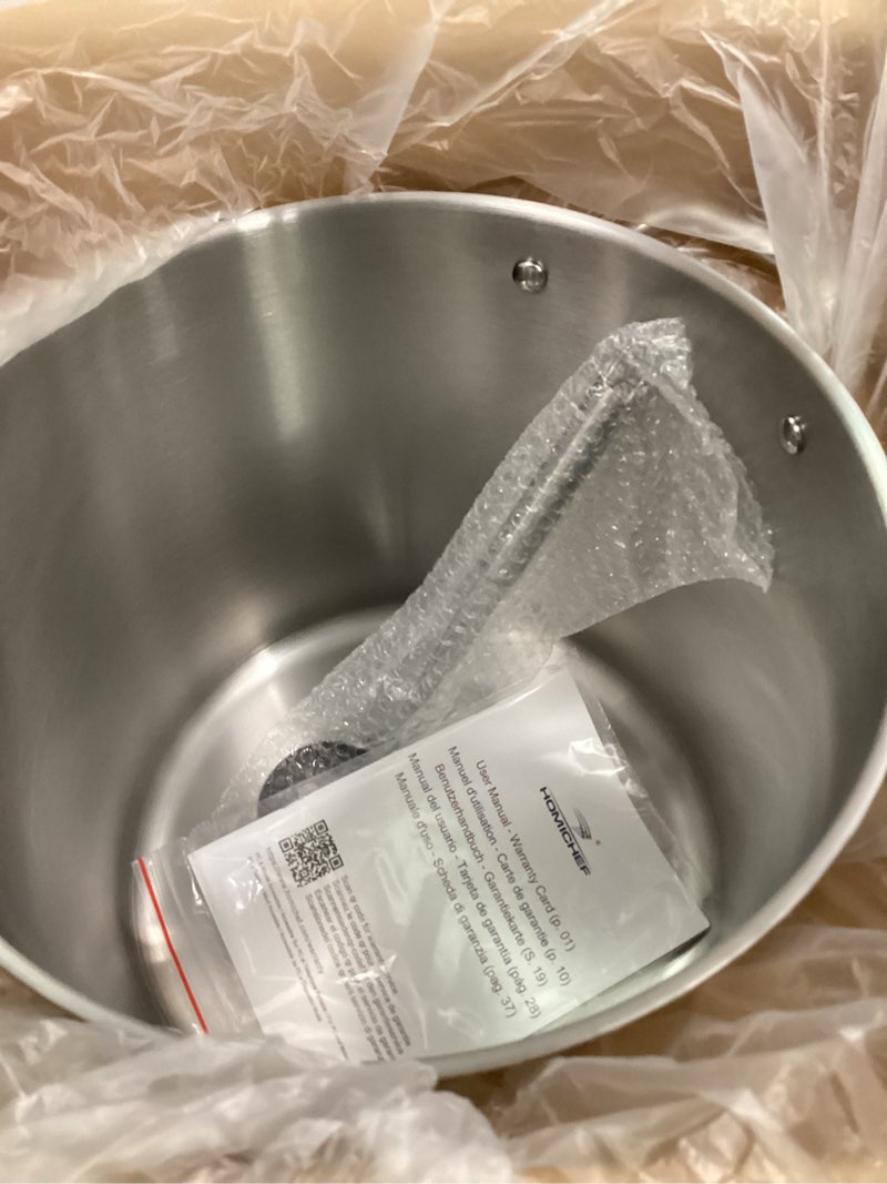 Condition photo showing New/Like New for HOMICHEF Commercial Grade LARGE STOCK POT 20 Quart With Lid - Nickel Free Stainless Steel Cookware - Healthy Polished Stockpots - Heavy Duty Induction Soup Pot 20 Quarts Mirror Polished Stainless Steel