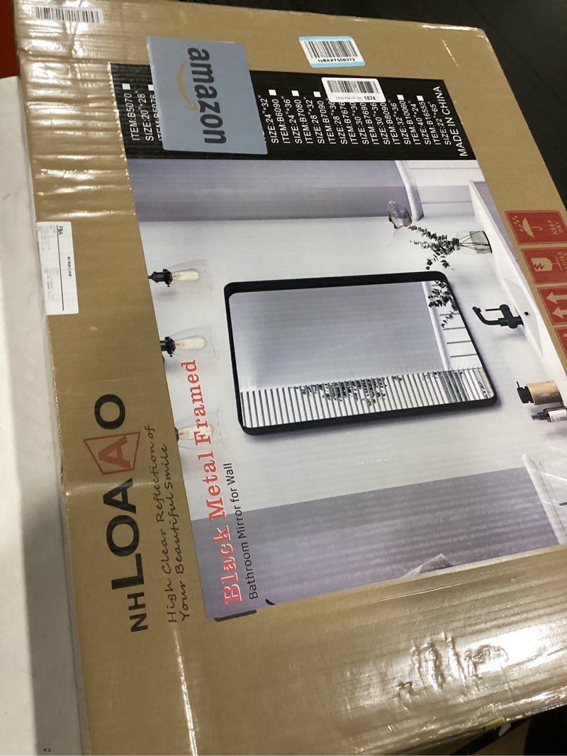 Condition photo showing New/Like New for loaao black metal framed bathroom mirror for wall, 22x30 inch rounded rectangle mirror, matte black bathroom vanity mirror farmhouse, anti-rust, hangs horizontally or vertically black 30"l x 22"w