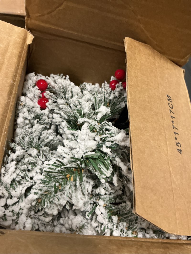 Condition photo showing Good Condition for 2ft musical rotating snow flocked prelit small christmas tree, white tabletop christmas tree with 50 led lights, battery or usb cable operated, timer, xmas tree for holiday decoration