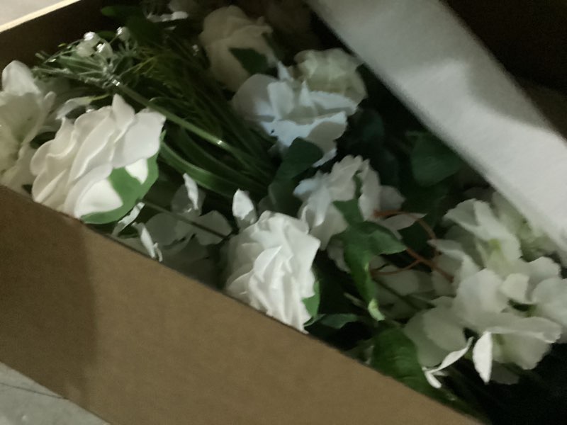 Condition photo showing Good Condition for ling's moment 41.0" tall free-standing wedding aisle artificial flowers for ceremony decor, 2pcs white walkway floral chair markers, faux rose altar arch arrangement spring decorations outdoor wht-white & lily & olive 41" tall x 22" cross