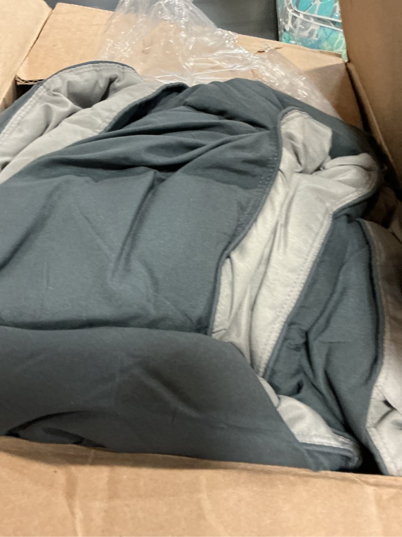 Condition photo showing As Is for hig 3pc grey queen size comforter set - all season reversible down alternative comforter with two shams - quilted duvet insert with corner tabs - box stitched blanket - breathable, soft dark gray/light gray queen