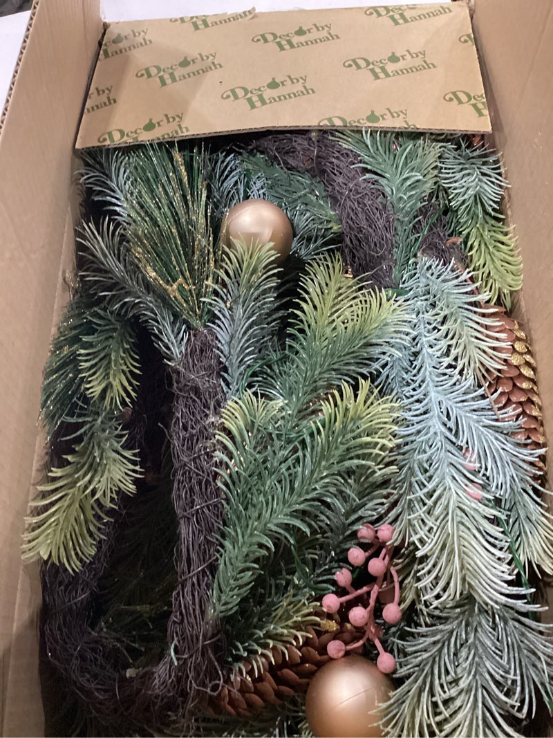 Condition photo showing New/Like New for DecorbyHannah Christmas Garland with Lights, 9Ft Prelit Pink Christmas Garland for Mantle, Stairs Railing and Fireplace, Lighted Xmas Real Touch Norfolk Pine Garlands with Ornaments for Outdoor Decor Pink 9 Ft