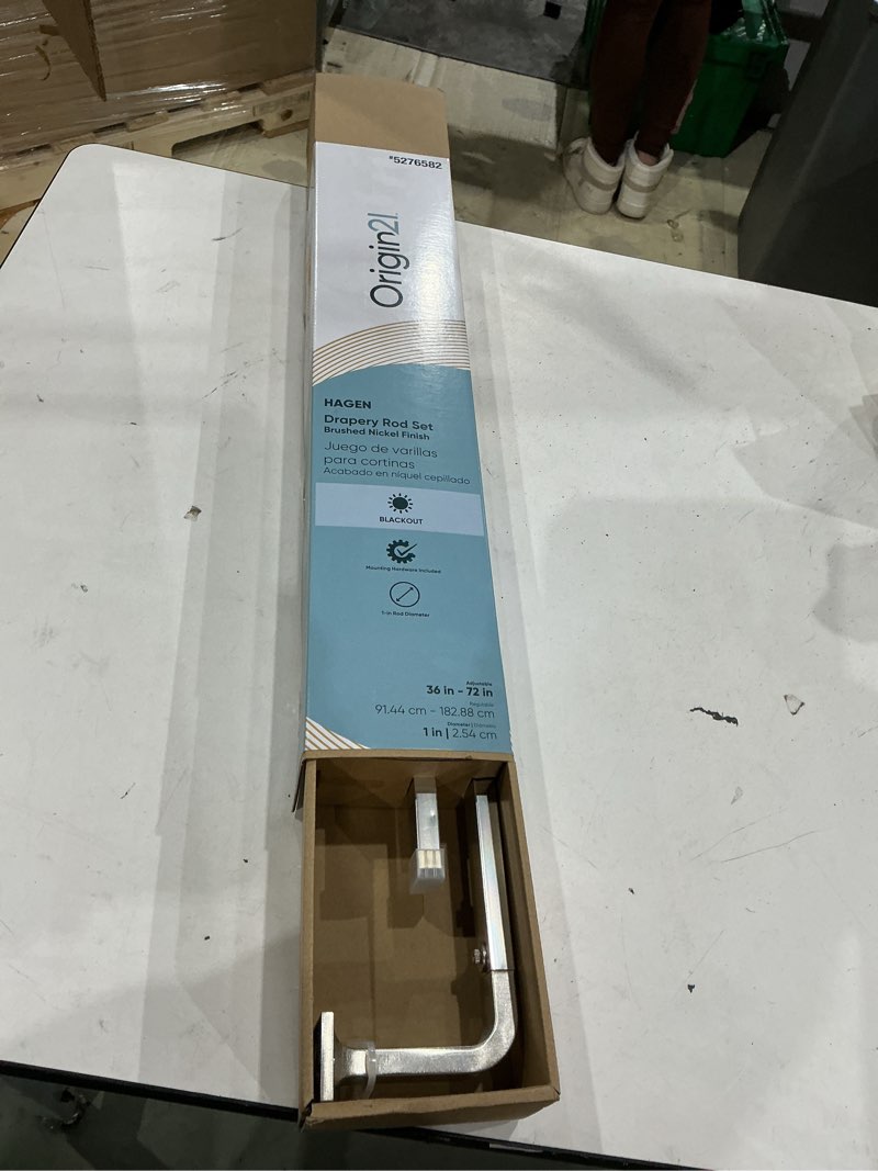 Condition photo showing New/Like New for origin 21 36-in to 72-in brushed nickel iron corner curtain rod with finials
