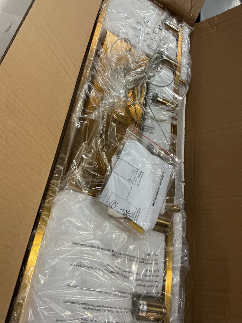 Condition photo showing Good Condition for Dining Room Light Fixture 32'' Modern 6-Light Gold Chandelier for Dining Room with E12 Base Compatible with 3000K~6000K (No Bulbs) Linear Farmhouse Lighting for Kitchen Island and Living Room Brass-6 32 inches (6 lights)