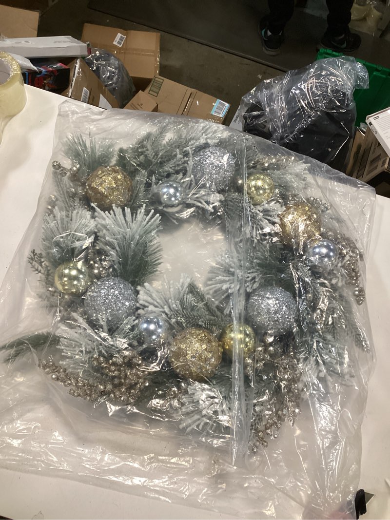 Condition photo showing Good Condition for YULETIME 24-inch Christmas Wreath, Artificial Party Wreath with Balls, Berries, Leaves, Fir Branches, Snowy Pine Needles (Gold Ball)