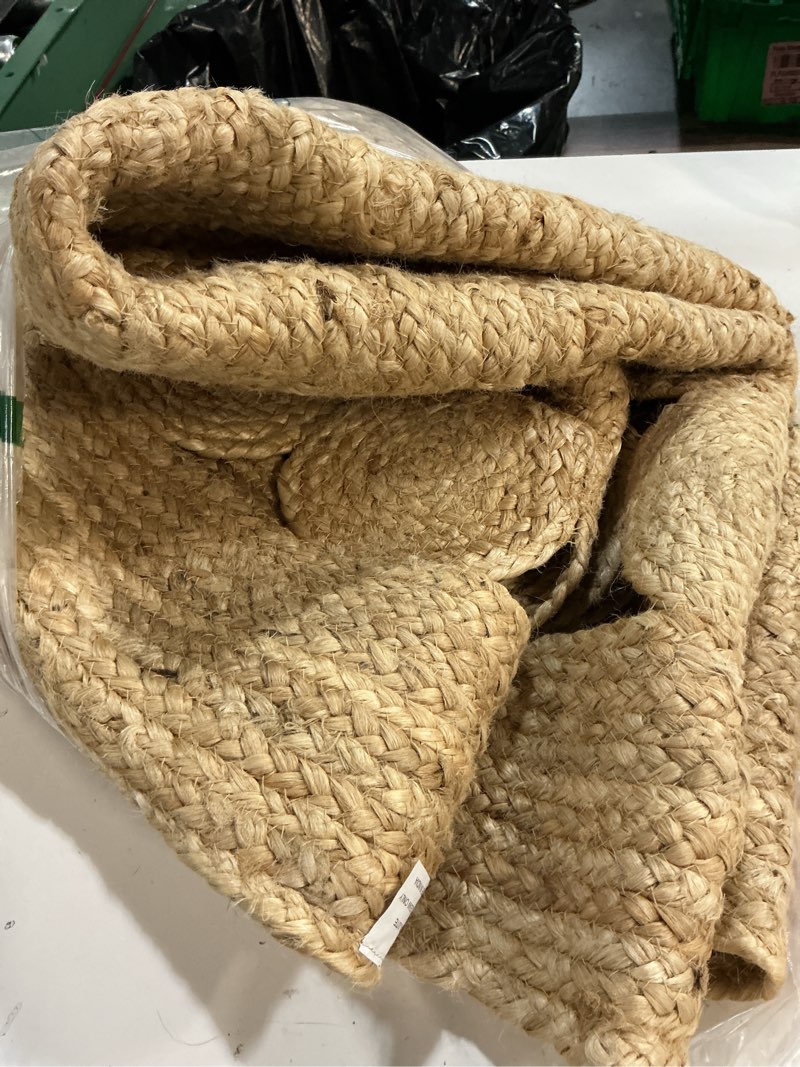 Condition photo showing As Is for hand-spun jute area rug - natural fiber braided rugs 2' round handmade for outdoor and indoor, farmhouse rug for dining room kitchen, living area, under table, patio floor mat (natural, 2ft round)