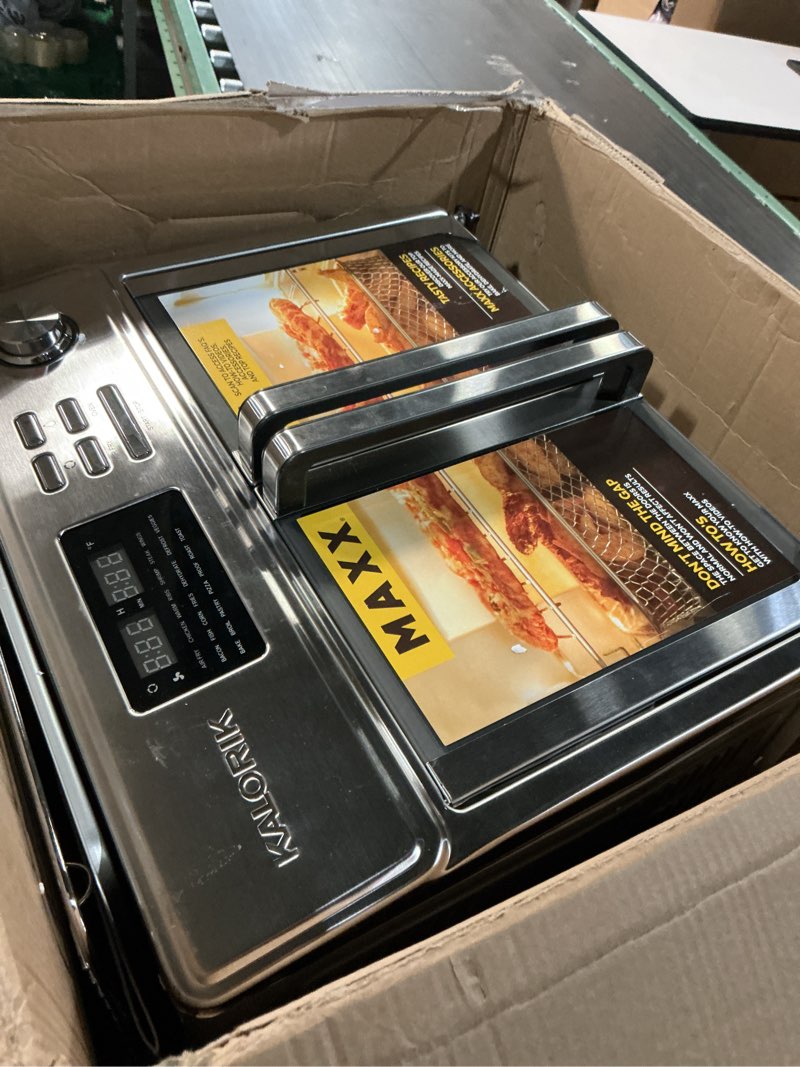 Condition photo showing As Is for kalorik maxx air fryer oven, 26 quart 10-in-1 countertop toaster oven & air fryer combo - fry, bake, roast, rotisserie, & more, large glass french doors & 9 accessories, 1700-watts, stainless steel