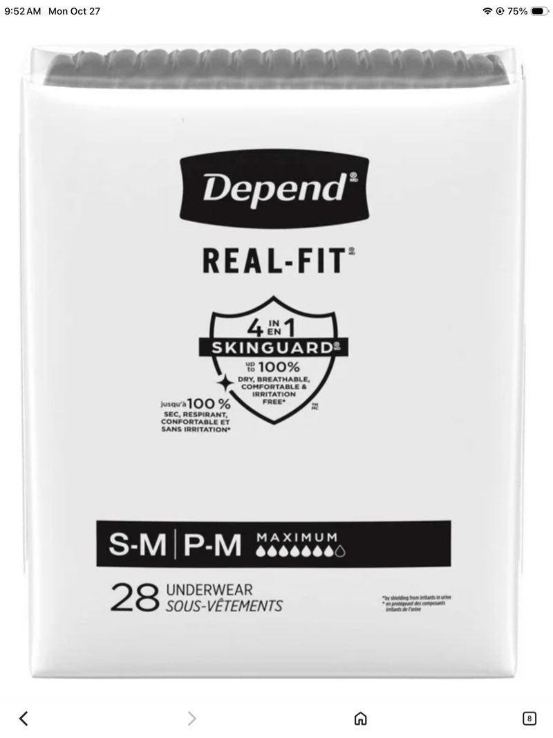 (2 pack) Depend Real Fit Incontinence Underwear for Men, Adult Diapers, S/M, Black, 56 Count