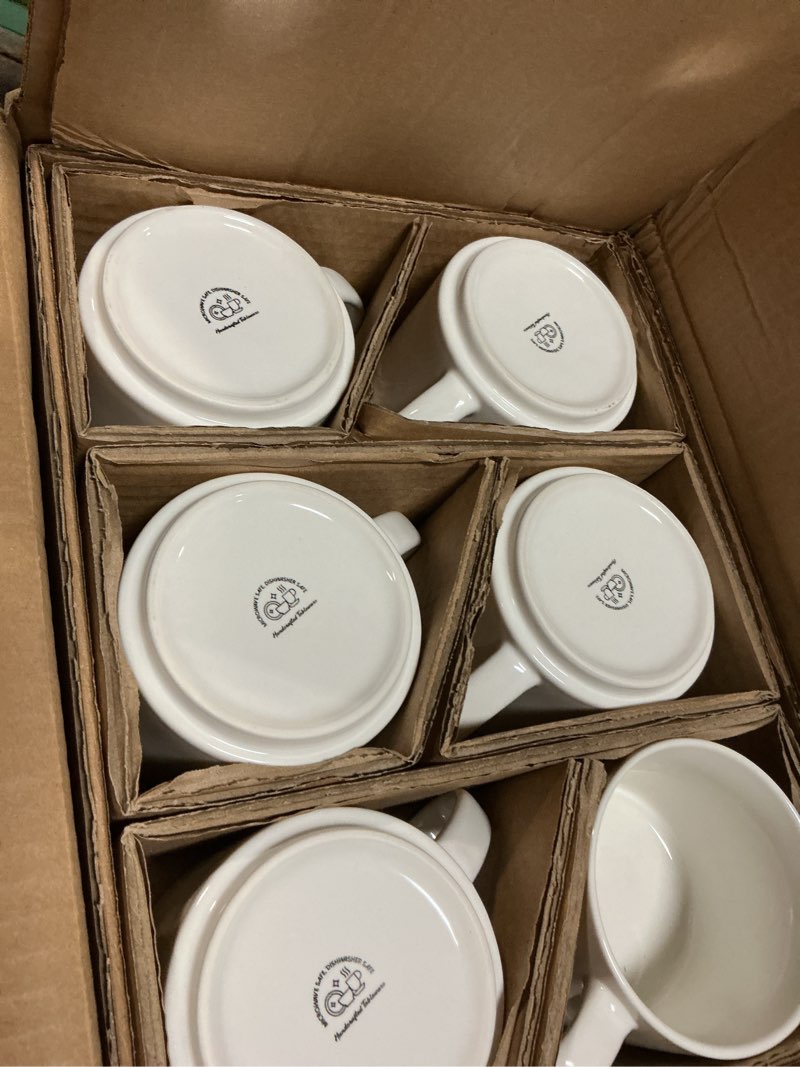 Condition photo showing Good Condition for gbhome 14 oz coffee mugs set of 6, stackable ceramic mugs for men, women, modern coffee mugs with stable base for latte,tea,cappuccino. dishwasher & microwave safe, white